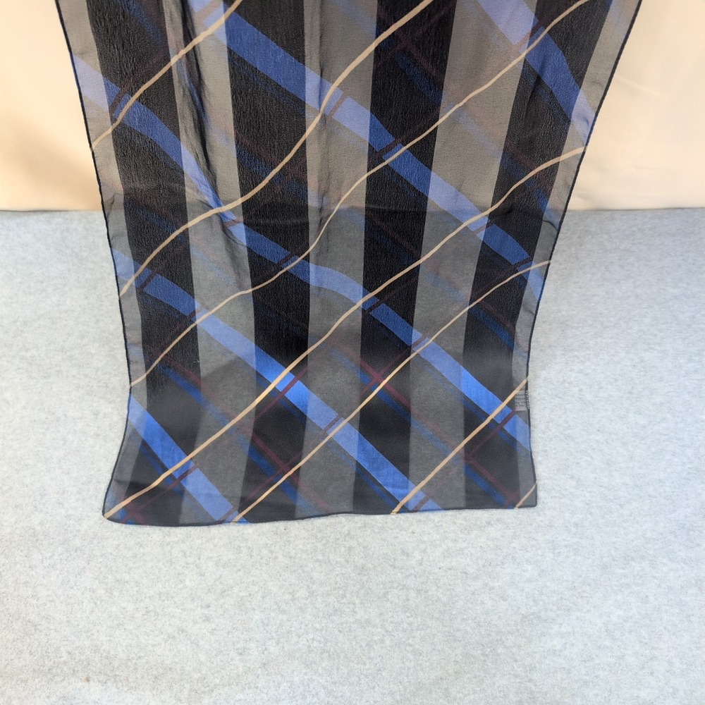 Laura Ashley Plaid Scarf Blue Black Tan Sheer Polyester Neckwear - Picture 4 of 6